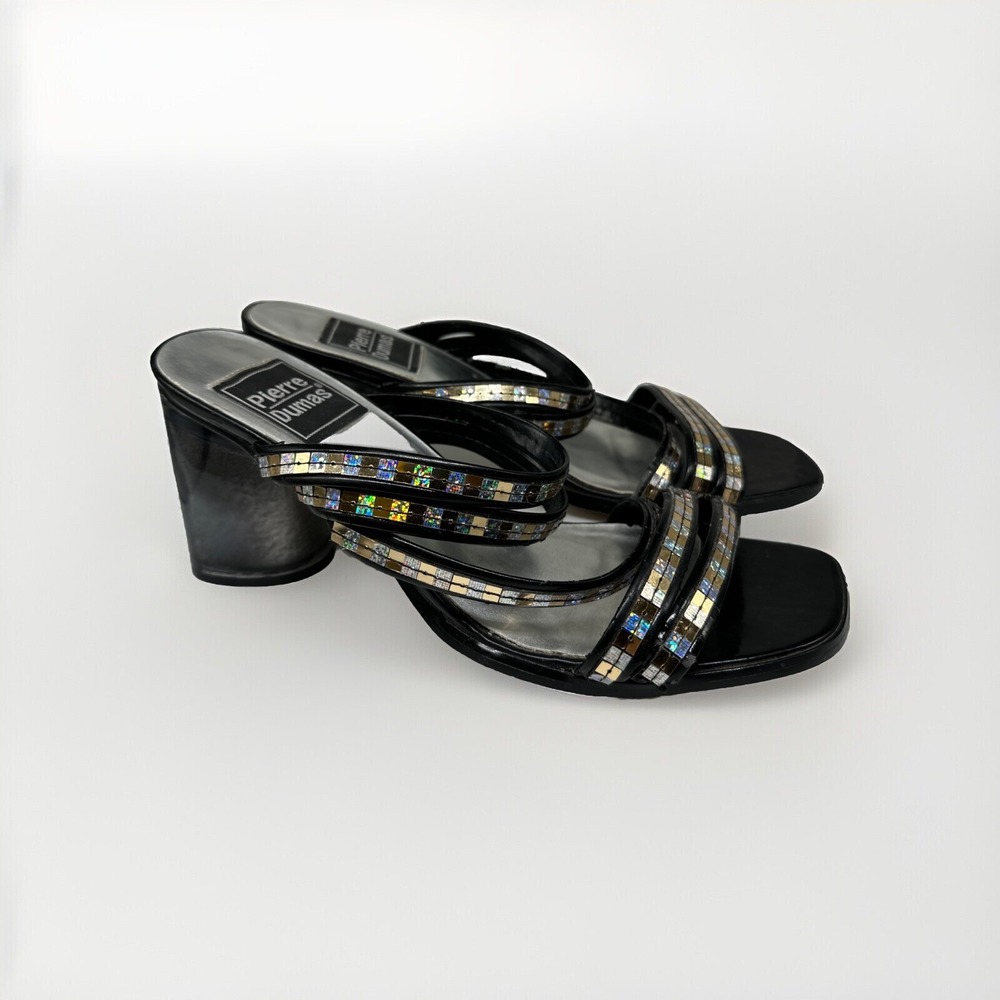 Pierre Dumas Black Sandals Block‎ Heels Strappy Sparkly Y2K 90's Retro Vintage 9